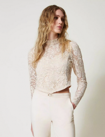 Twinset macrame lace cropped blouse old white 242tp2464 vk