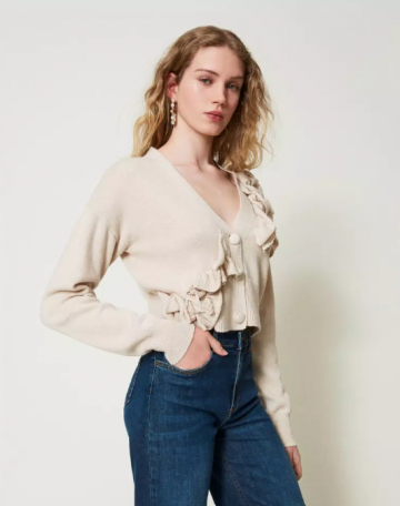 Twinset wool blend cardigan with ruffles old white 242tp330 vk