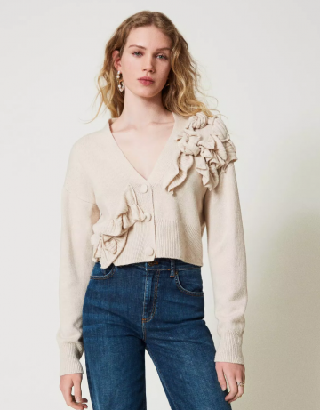 Twinset wool blend cardigan with ruffles old white 242tp330 vkk